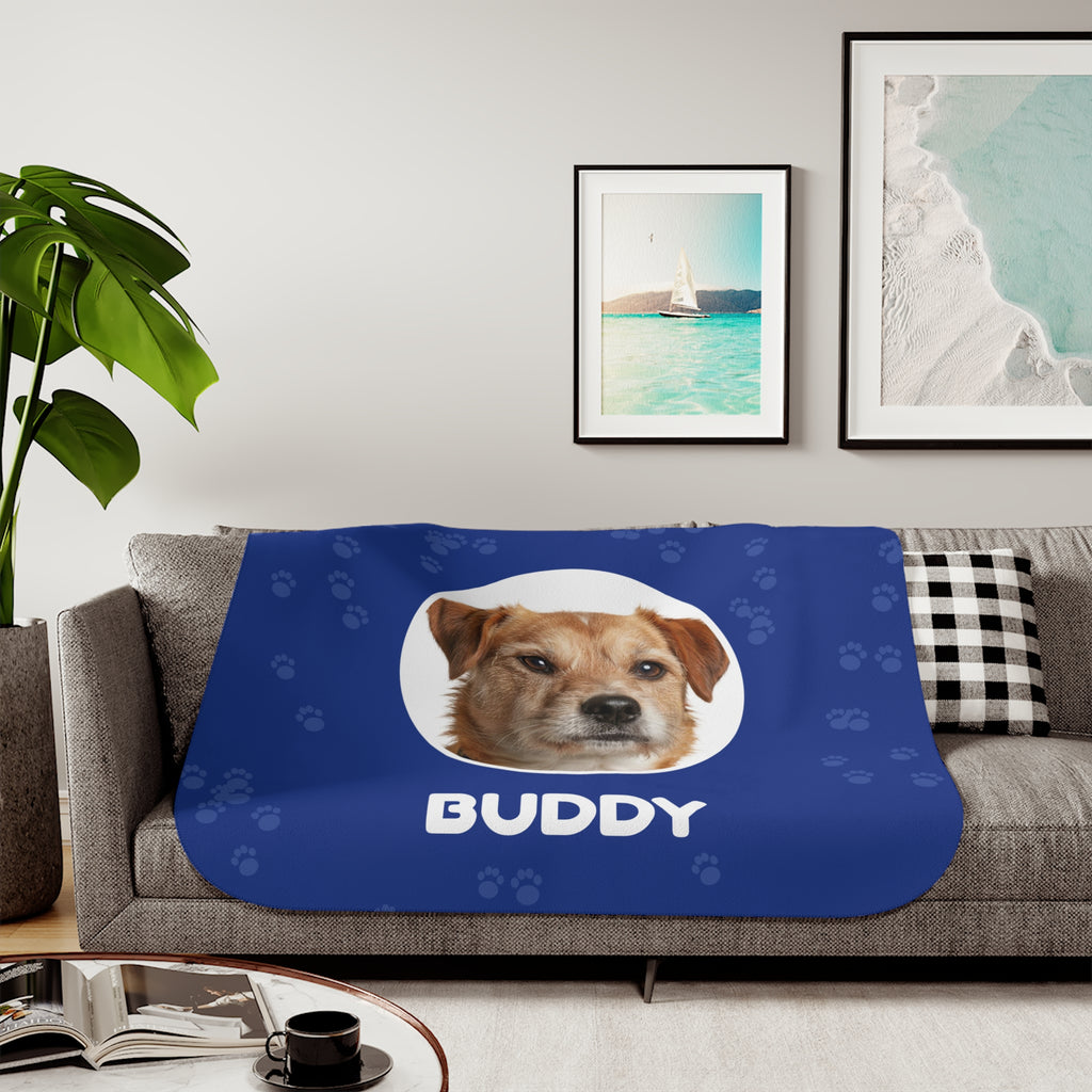Custom Pet Photo Blanket with Name - Personalized Dog & Cat Sherpa Fleece Throw